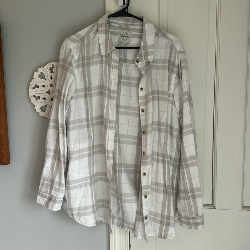 Plaid Flannek Button Down Ladies XL White and Gray